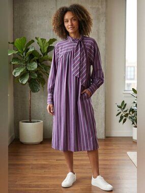 Vintage 1970s silk Striped Purple and Pink Women's Dress with bow size medium